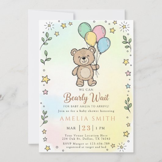 Invitation Cute Watercolor Teddy bear Illustration babyshower (Devant)