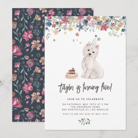 Invitation Cute Watercolor Westie Floral Anniversaire de enfa (Devant / Derrière)