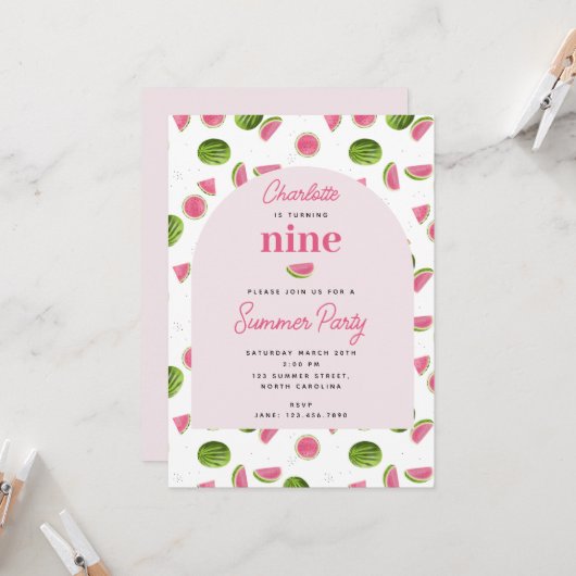 Invitation Cute Watermelon été rose fille Anniversaire (Devant/Arrière en situation)