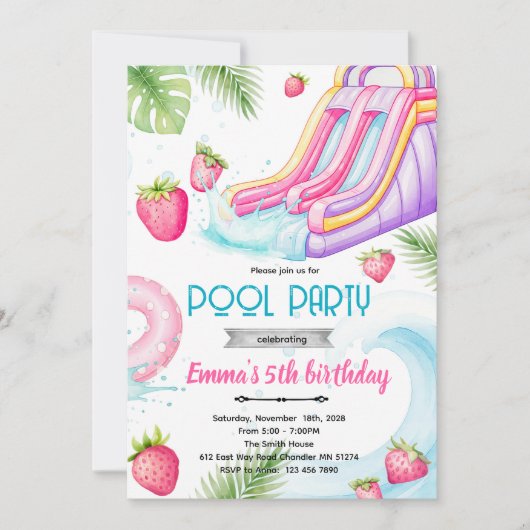 Invitation Cute waterslide strawberry pool invite (Devant)