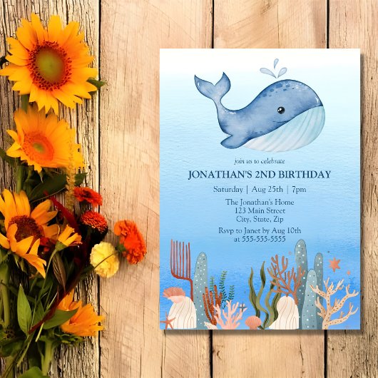 Invitation Cute Whale Blue Sea Coral Reef 2e anniversaire