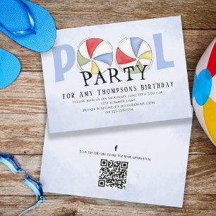 Invitation Cute Whimsical Fun Pool Party QR Code Social Media