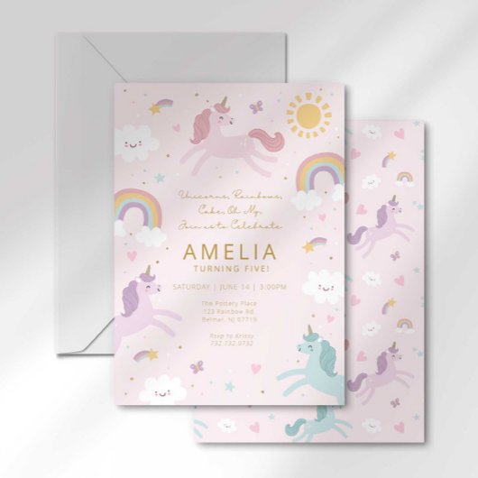 Invitation Cute Whimsical Unicorn Girl 5e anniversaire
