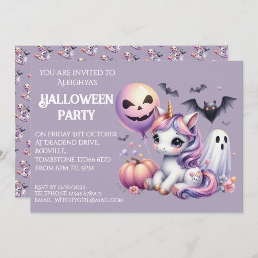 Invitation Cute Whimsical Unicorn Halloween Party (Devant / Derrière)