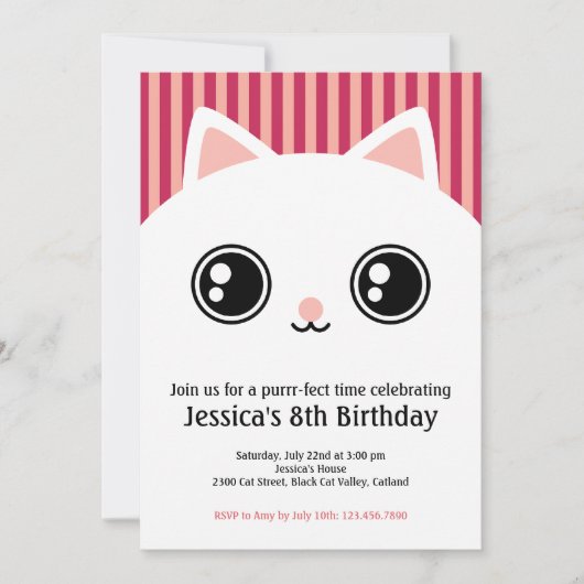 Invitation Cute White Kitten Chat visage Anniversaire de enfa (Devant)