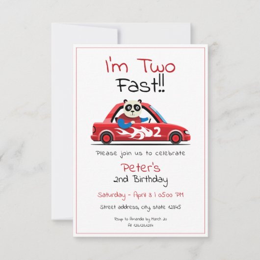 Invitation Cute White Race Car Panda Deux Fast 2e Anniversair (Devant)
