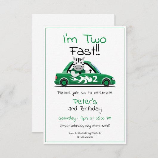 Invitation Cute White Race Car Zebra Deux Fast 2e Anniversair (Devant / Derrière)