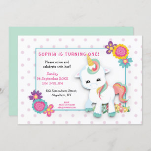 Invitation Cute White Unicorn Dots Filles Premier Anniversair