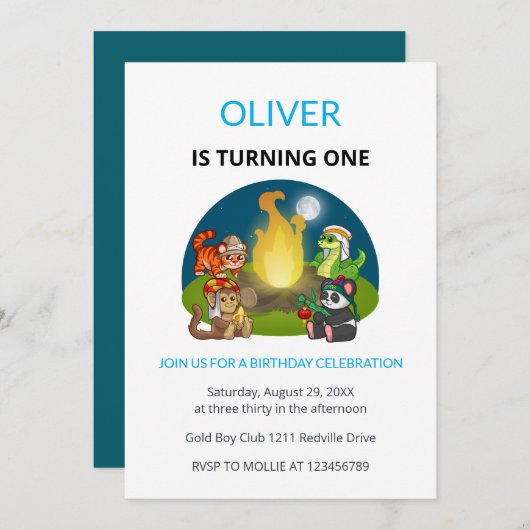 Invitation Cute Wild Animals Campfire Kids First Birthday (Devant / Derrière)