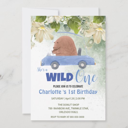 Invitation Cute Wild One Bear Animaux Voiture 1er anniversair (Devant)