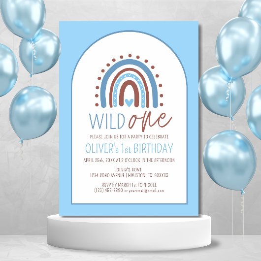 Invitation Cute Wild ONE Boho Rainbow Blue Boy Anniversaire 1