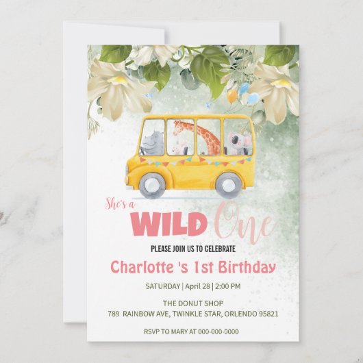 Invitation Cute Wild One école de safari Bus 1er Birthday flo (Devant)