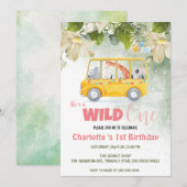 Invitation Cute Wild One école de safari Bus 1er Birthday flo (Devant / Derrière)