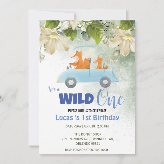 Invitation Cute Wild One Fox Animaux Voiture 1er anniversaire (Devant)