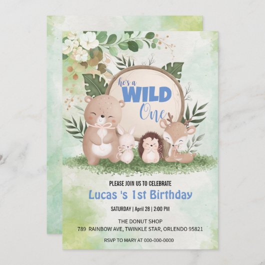 Invitation Cute Wild One jungle Animal 1er anniversaire fête (Devant / Derrière)