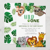 Invitation Cute Wild One Jungle Safari Animaux premier annive (Devant / Derrière)