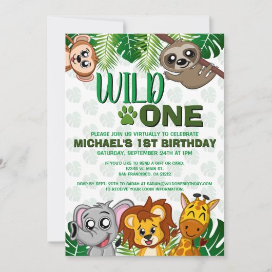 Invitation Cute Wild One Jungle Safari virtuel premier annive (Devant)