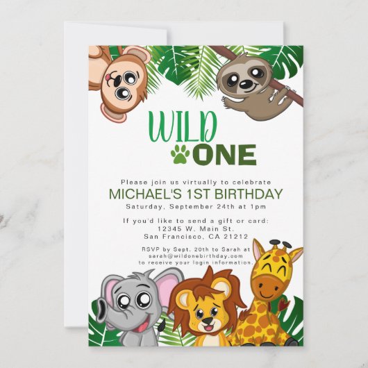 Invitation Cute Wild One Jungle Safari virtuel premier annive (Devant)