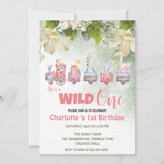 Invitation Cute Wild One safari animal train 1er anniversaire (Devant)