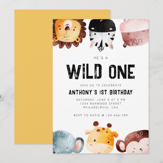 Invitation Cute Wild One Safari Animaux Garçon premier annive (Devant / Derrière)
