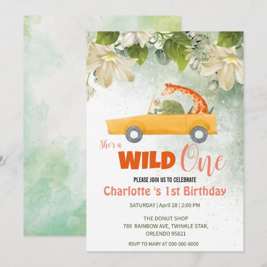 Invitation Cute Wild One Safari Animaux Voiture 1er anniversa (Devant / Derrière)