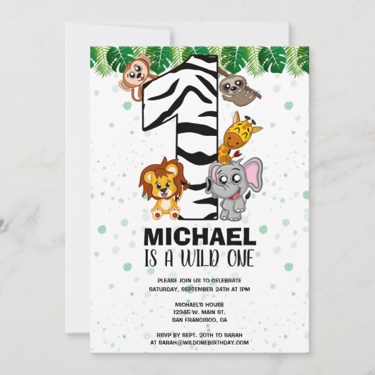 Invitation Cute Wild One Safari Jungle Animaux Premier Annive (Devant)
