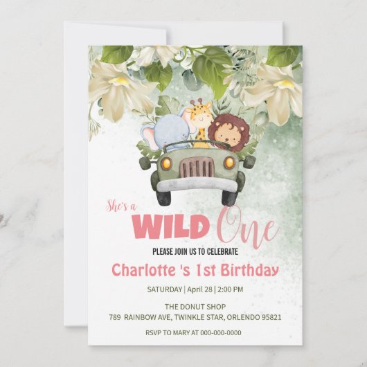 Invitation Cute Wild One Safari voiture animal 1er anniversai (Devant)