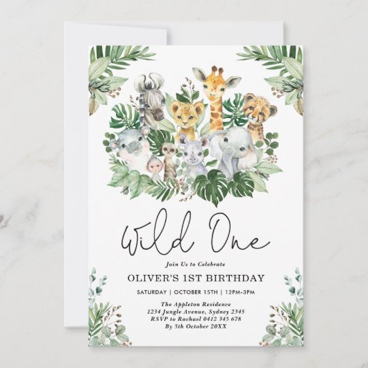 Invitation Cute Wild Un 1er anniversaire Jungle Safari Animau (Devant)