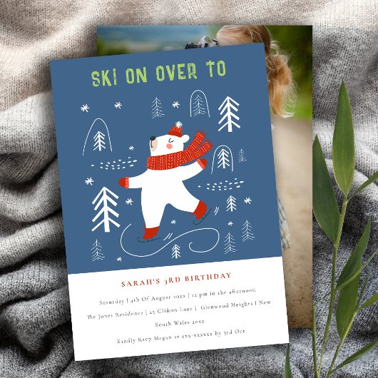 Invitation Cute Winter Forest Bear Ski Photo Anniversaire de 