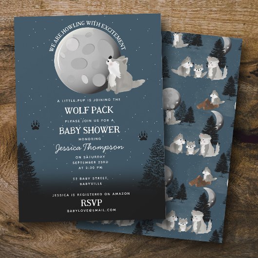 Invitation Cute Wolf Pack Woodland Moon Howling Baby Shower
