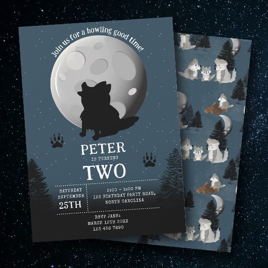 Invitation Cute Wolf Pack Woodland Moon Howling Birthday