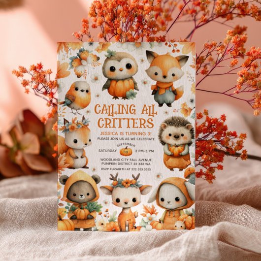 Invitation Cute Woodland Animals Autumn Fall Kids' Birthday 