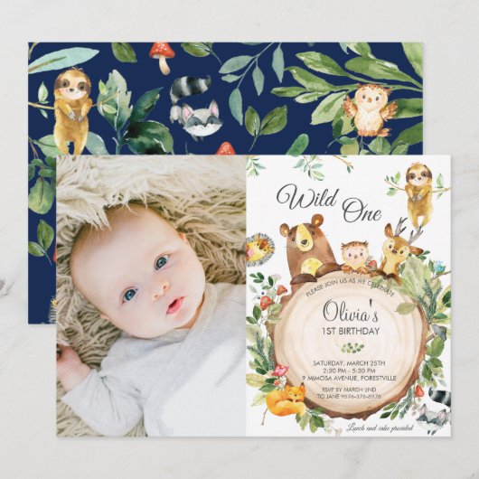 Invitation Cute Woodland Animaux 1er Anniversaire Wild One Ph (Devant / Derrière)