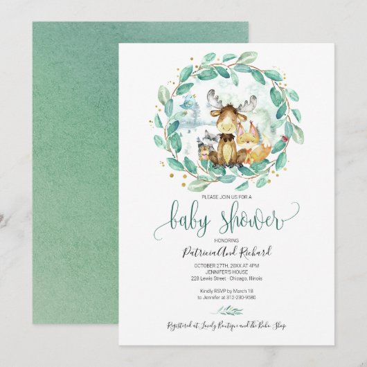 Invitation Cute Woodland Animaux Baby shower verdoyant (Devant / Derrière)
