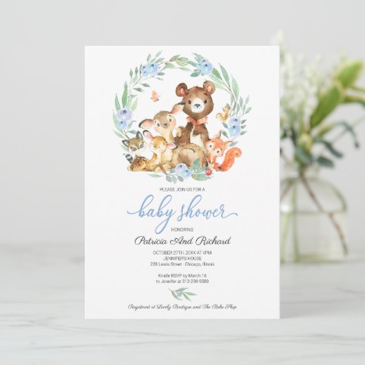 Invitation Cute Woodland Animaux Baby shower verdoyant (Debout devant)