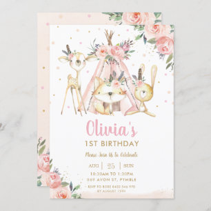 Invitation Cute Woodland Animaux Boho Tribal Girl Anniversair