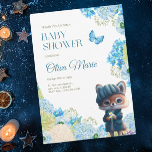 Invitation Cute Woodland Animaux Fox Blue Floral Baby shower