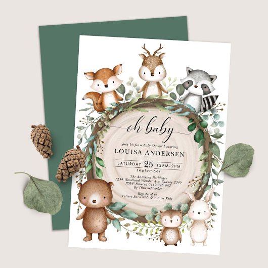 Invitation Cute Woodland Animaux Rustic Greenery Baby shower