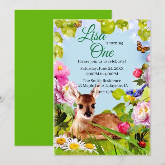 Invitation Cute Woodland Deer 1ère fête d'anniversaire (Devant / Derrière)