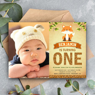 Invitation Cute Woodland Fox première photo Anniversaire Invi