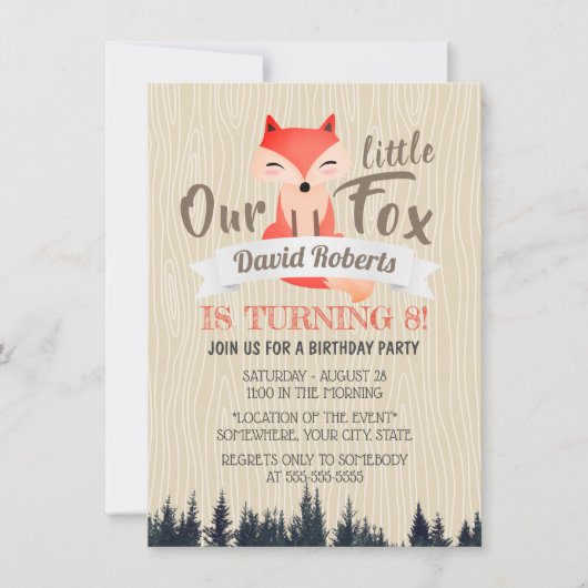 Invitation Cute Woodland Little Fox 8e fête d'anniversaire (Devant)