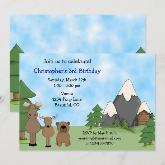 Invitation Cute Woodland Mountain Animaux Boy's Birthday (Devant / Derrière)