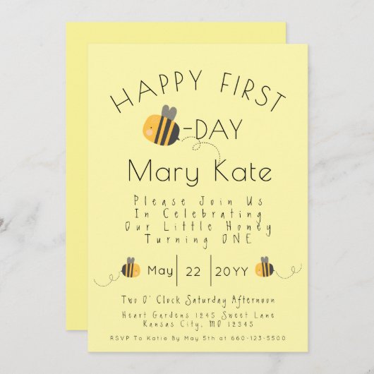 Invitation Cute Yellow Customized Honey Bee First Birthday  (Devant / Derrière)