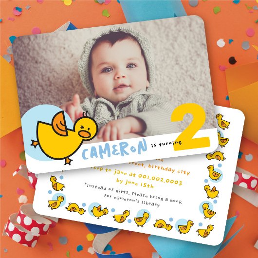 Invitation Cute Yellow Duckies Blue Photo Boy Anniversaire