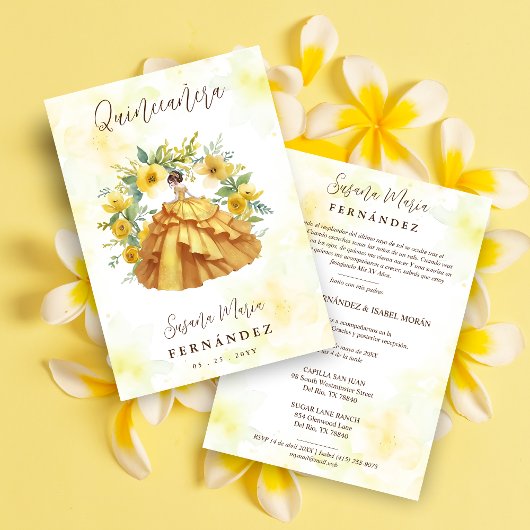 Invitation Cute Yellow Gown Garland Spanish Photo Mis XV