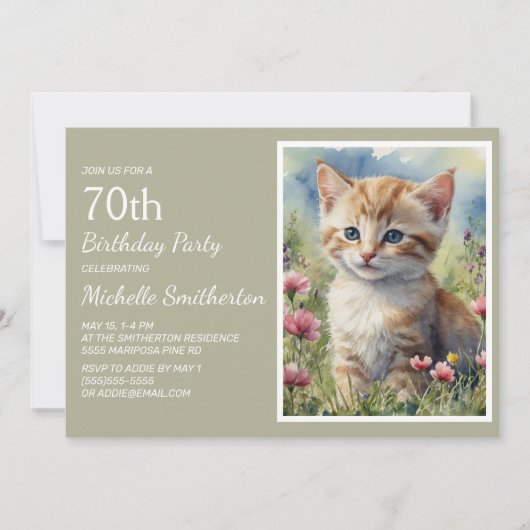 Invitation Cute Yellow Kitten Aquarelle 70e anniversaire (Devant)