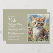 Invitation Cute Yellow Kitten Aquarelle 75e anniversaire (Devant / Derrière)