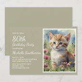 Invitation Cute Yellow Kitten Aquarelle 80e anniversaire (Devant / Derrière)