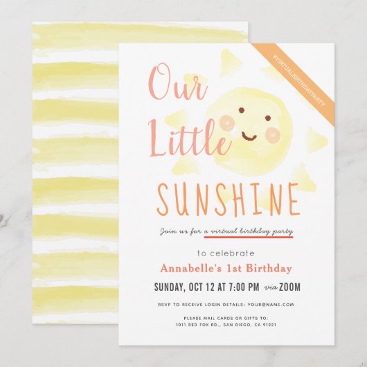 Invitation Cute Yellow Sunshine Girl Anniversaire virtuel (Devant / Derrière)