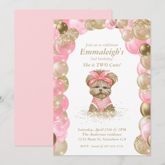 Invitation Cute Yorkie Deux mignonnes Balloon fête d'annivers (Devant / Derrière)